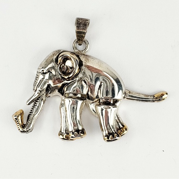 Jewelry - Vintage Silver and Gold Tone Articulated Elephant Pendant Super Cute